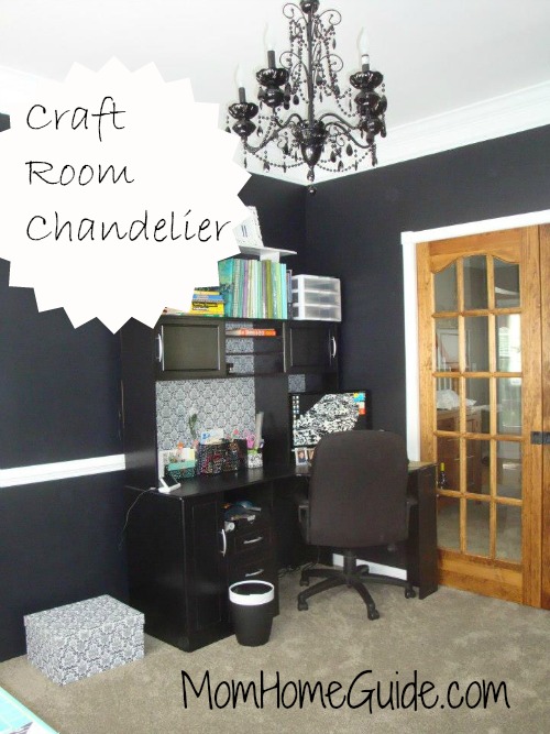 dining room turned awesome black and white craft room, craft rooms, home decor, Desk area with glam black chandelier New French doors separate the craft room from the living room