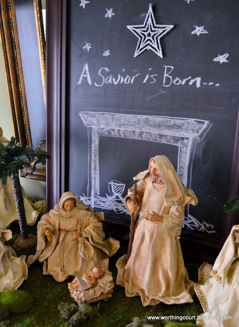 my rustic and refined christmas dining room, dining room ideas, seasonal holiday decor, My nativity scene consists of large figures so I used a chalkboard to mimic an humble stable