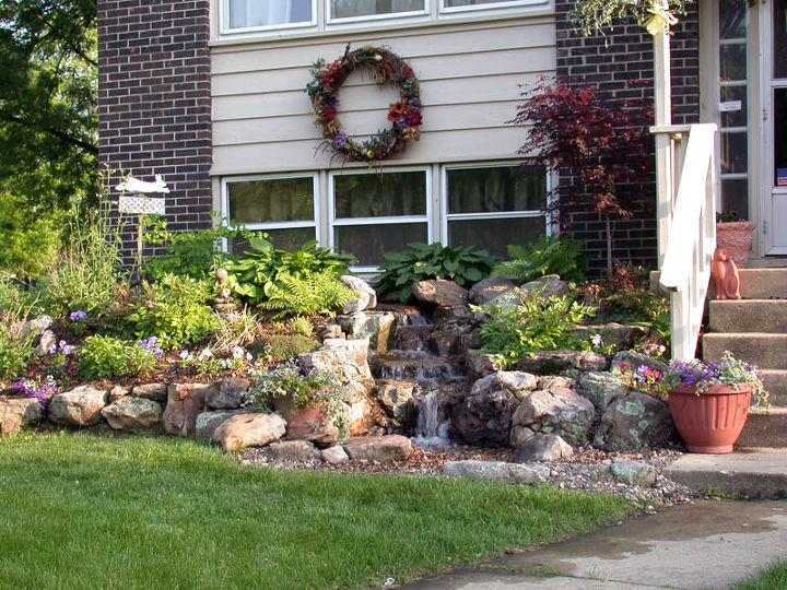 pondless waterfalls for the landscape, gardening, outdoor living, ponds water features, A melodic waterfall greets visitors to the entrance of this suburban home