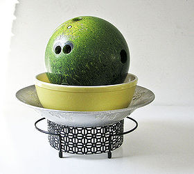 repurposed vintage items into lamps and fountains, repurposing upcycling, This fountain consists of a bowling ball a vintage Pyrex bowl a vintage aluminum bowl and a vintage metal casserole trivet