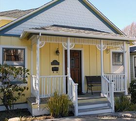 small porch pizzazz, curb appeal, outdoor living, porches, A few simple brackets and trim makes this cute yellow porch super inviting