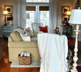 2012 fall great room, living room ideas, seasonal holiday decor, I added the same beautiful fabric that I added to our neighboring breakfast room windows in here as well
