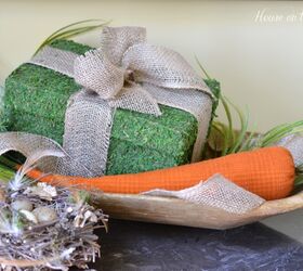 make a moss covered box and an easter arrangement, crafts, easter decorations, seasonal holiday decor, I added the moss covered box a fabric carrot extra greenery and a bird s nest to my antique dough bowl