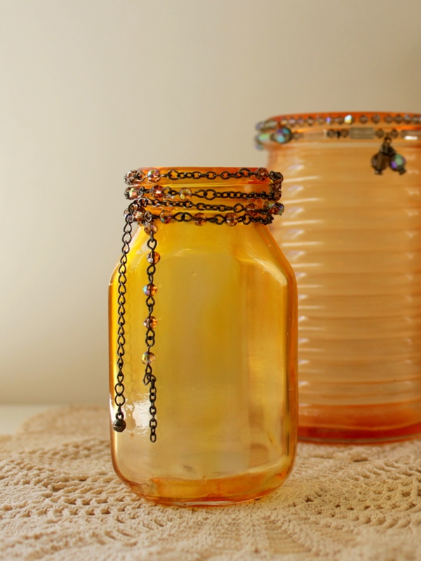 beautiful faux amber glass, crafts, decoupage, seasonal holiday decor, Once your jars are completely dry use beads or jewelry to accent your jars