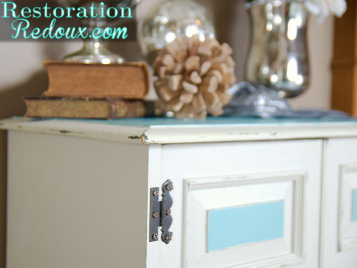 ivory and blue vintage cabinet, painted furniture, Close up