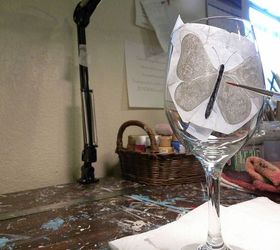 how to paint a wine glass, crafts, painting, Using a 2 scruffy old brush and a little black paint you will dab gently in the center to create the butterfly s body After that area dries 5 10 minutes apply a second coat of black paint by tapping lightly