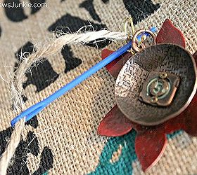 a junkie spin on burlap canvas art, crafts, repurposing upcycling, I attached my junkie treasures using twine and just looped it through the burlap and tied it on the back