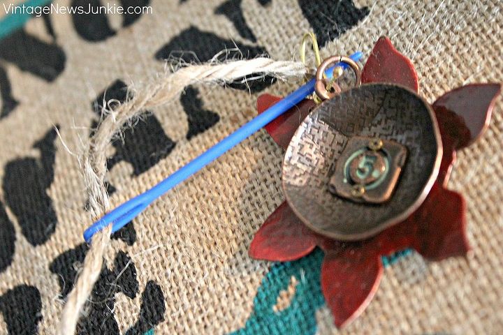 a junkie spin on burlap canvas art, crafts, repurposing upcycling, I attached my junkie treasures using twine and just looped it through the burlap and tied it on the back