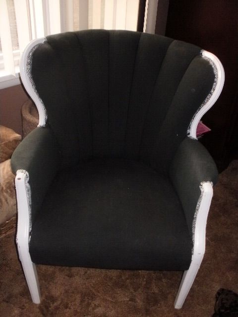 finally showing an old chair some much needed love, painted furniture, This is actually after I had spray painted the fabric Before this the chair was green and not a pretty color of green an ugly color of green