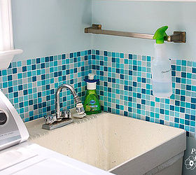 bright amp cheery laundry room, laundry room mud room, Smart Tile adhesive tile sheets they are like stickers surround the utility sink to keep the walls clean and can be easily wiped
