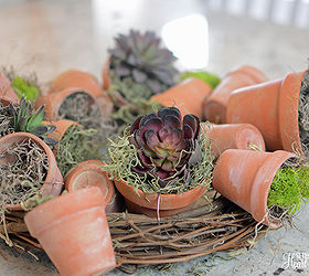 flower pot wreath, crafts, diy, flowers, gardening, how to, succulents, wreaths, Tuck in some succulents use live ones if your wreath is near natural light