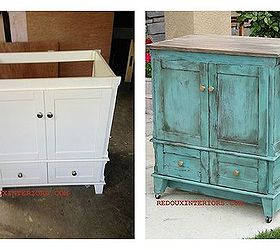 the best diy s upcycled furniture projects and tutorials by redoux, painted furniture, repurposing upcycling, I used a free to me never used Bathroom Vanity and transformed it into a rolling kitchen island Added a new top with old wood a piece of MDF to the back and wheels Easy two step CeCe Caldwell s paint treatment and no primer