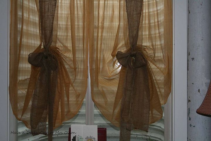 quick easy inexpensive curtains, home decor, reupholster, window treatments, I just hand gathered it and tied it up with a 3 half price roll of burlap from Hobby Lobby