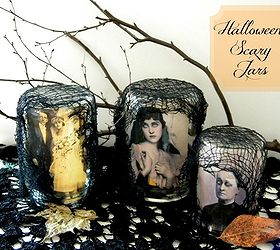 glow in the dark scary jars, crafts, halloween decorations, seasonal holiday decor, Use vintage portraits inside of jars for a creepy effect
