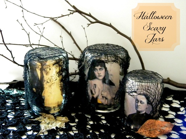 glow in the dark scary jars, crafts, halloween decorations, seasonal holiday decor, Use vintage portraits inside of jars for a creepy effect