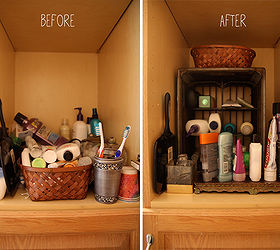 organize your bathroom cabinets with an old milk crate, organizing, repurposing upcycling