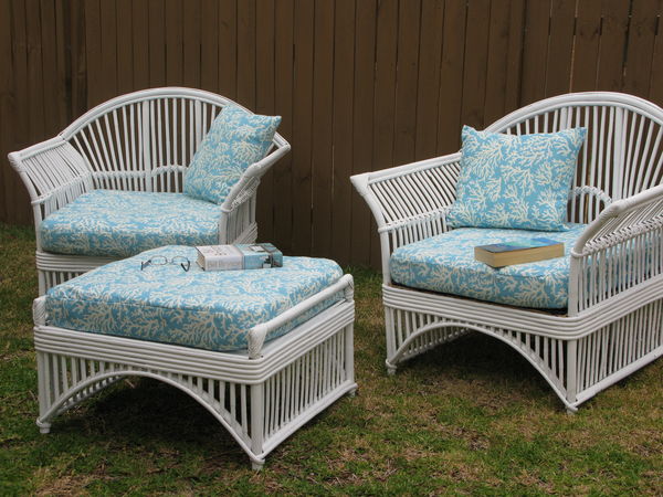 noosa style cane garden chair and ottoman makeover, outdoor furniture, painted furniture, After shot the complete set