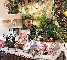 my christmas dining room buffet with grocery store trees, christmas decorations, seasonal holiday decor, A STaffordshore tureen and pink and white transferware Christmas plates