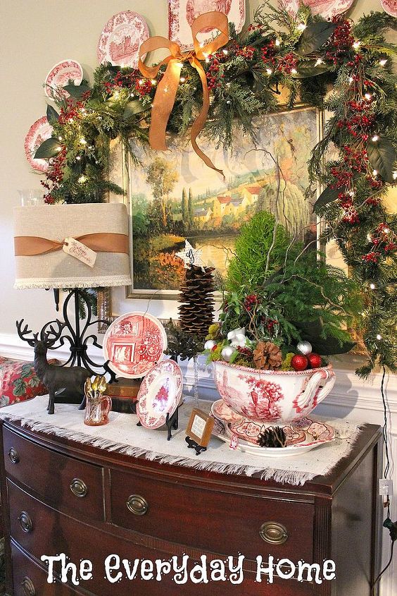 my christmas dining room buffet with grocery store trees, christmas decorations, seasonal holiday decor, A STaffordshore tureen and pink and white transferware Christmas plates