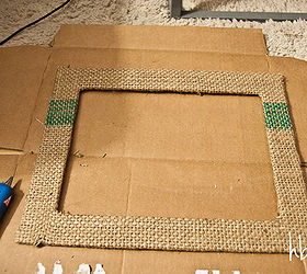 diy burlap frame mat, repurposing upcycling, Wrap the fabric around a cardboard mat and secure with hot glue