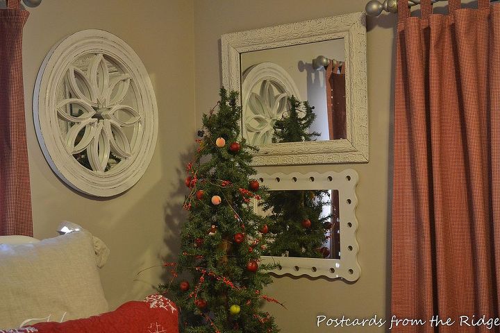 holiday tour of our guest bedroom, bedroom ideas, christmas decorations, painted furniture, seasonal holiday decor, Found mirrors that I ve had for years and an estate sale tree that I got a couple of months ago add to the holiday theme in this room