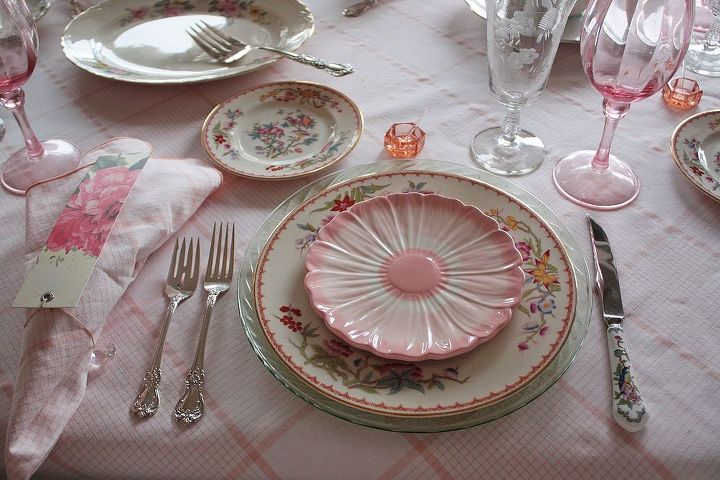 a springtime dinner for the girls, seasonal holiday decor, I used different plate patterns to give the table more interest