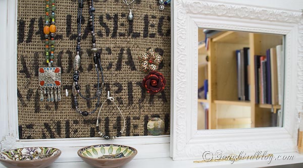 jewelry organizer from a burlap coffee sack, crafts, organizing, Pins and earrings can be hooked easily into the burlap of the coffee sack