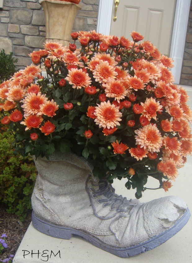 mums in a boot, gardening, repurposing upcycling, seasonal holiday d cor, I think these coral chrysanthemums look stunning in this boot