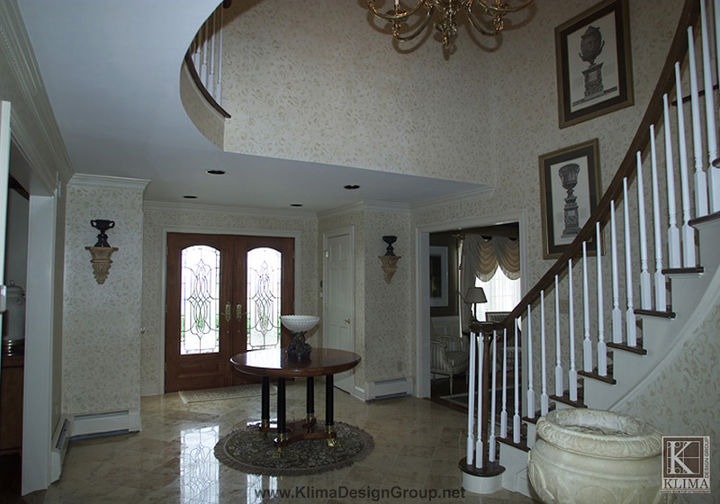 hand painted antique foyer, foyer, home decor, painting, wall decor, A large production size stencil was used and applied to a grid ensuring flawless pattern through both floors The foyer sets up the stage as it punctuates a home with elegance and historical references
