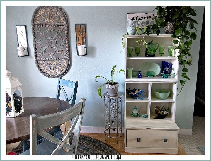 a child s bookcase turned into display cabinet for vintage glass, dining room ideas, home decor, painted furniture, repurposing upcycling, shabby chic, Until I can get a curio cabinet I think this works nicely fits perfect in our small dining room and didn t cost me a dime
