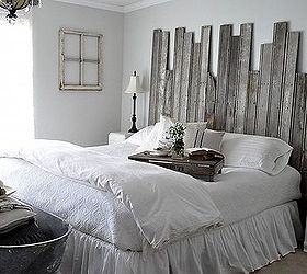 reclaimed wooden headboard, home decor, woodworking projects, White bedding Silver Drop paint by BEHR with the reclaimed headboard creates a romantic farmhouse bedroom