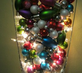 ornaments under glass, christmas decorations, seasonal holiday decor, Add a strand of lights and you have a dramatic accent piece that can also serve as a nightlight Mix in bulbs that no longer work to add interest