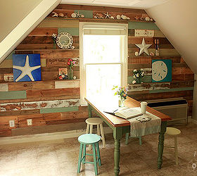 scrap and pallet wood wall in our art amp craft room, craft rooms, home decor, shelving ideas, Full Wall view