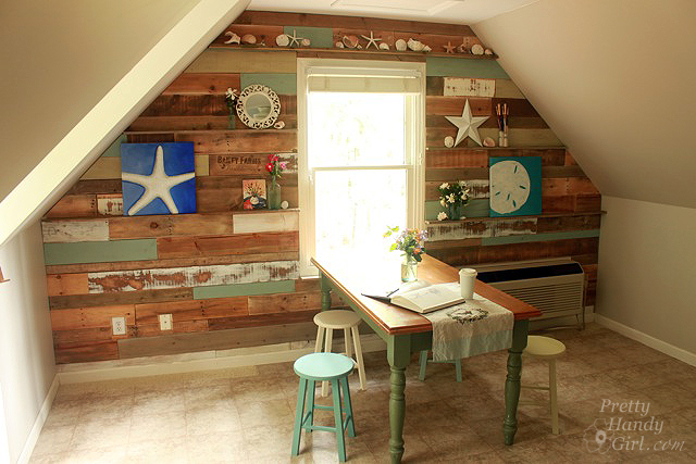 scrap and pallet wood wall in our art amp craft room, craft rooms, home decor, shelving ideas, Full Wall view