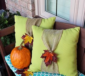 our fall porch, porches, seasonal holiday decor, Summer pillows embellished with burlap