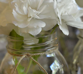 my casual elegant mason jar centerpiece, crafts, home decor, mason jars, repurposing upcycling, Iceberg roses in a Mason Jar used as a vase