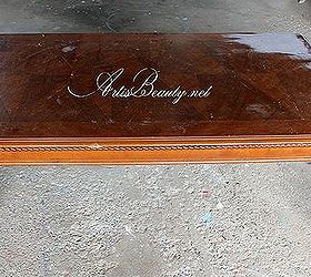 come check out the french eau de lavande coffee table makeover diy french, chalk paint, painted furniture, the horrible beat up coffee table that has been sitting while I figured out what I wanted to do with it