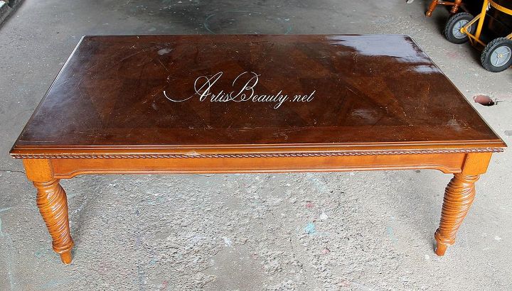 come check out the french eau de lavande coffee table makeover diy french, chalk paint, painted furniture, the horrible beat up coffee table that has been sitting while I figured out what I wanted to do with it