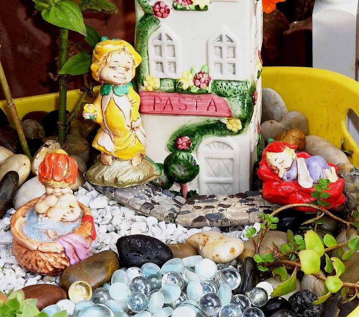 fairy garden in a beverage tub, gardening, outdoor living, repurposing upcycling, Rocks and Crystals from Dollar Tree