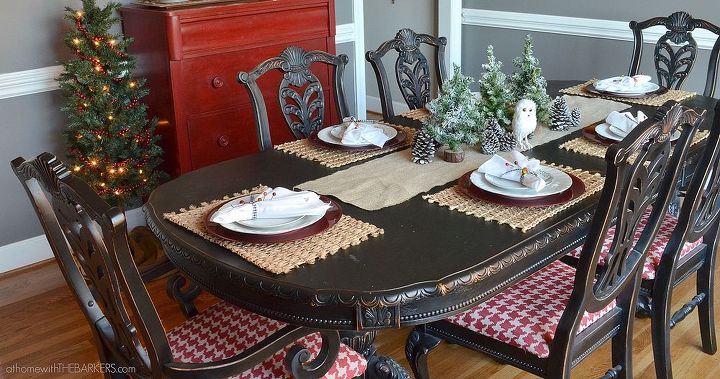 christmas home tour, christmas decorations, dining room ideas, seasonal holiday decor, The table was painted black with spray paint and looks great with the natural materials as well as the red