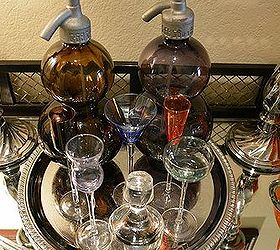 my fall decorated bar table, seasonal holiday decor, Glass blown spritzers on a silver tray with some glasses