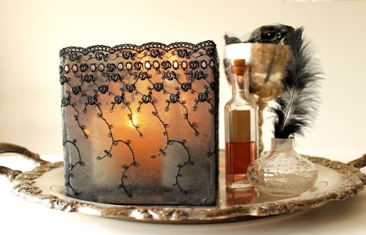 elegant and eerie black lace votive, halloween decorations, seasonal holiday d cor, Black lace decoupaged on to an existing vase or votive is perfect for Halloween