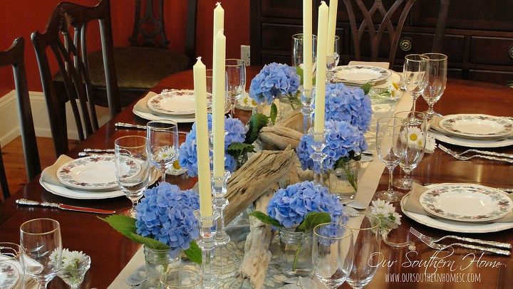 summer dining room, dining room ideas, seasonal holiday decor, Forgotten glass candlesticks were washed and used for a light and airy look