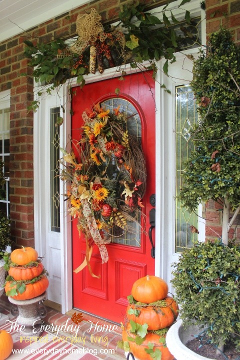 a southern fall front porch, doors, porches, seasonal holiday decor, wreaths, When you have a red door there is no way to get around being subtle So you go for the gusto and add as much color as you can