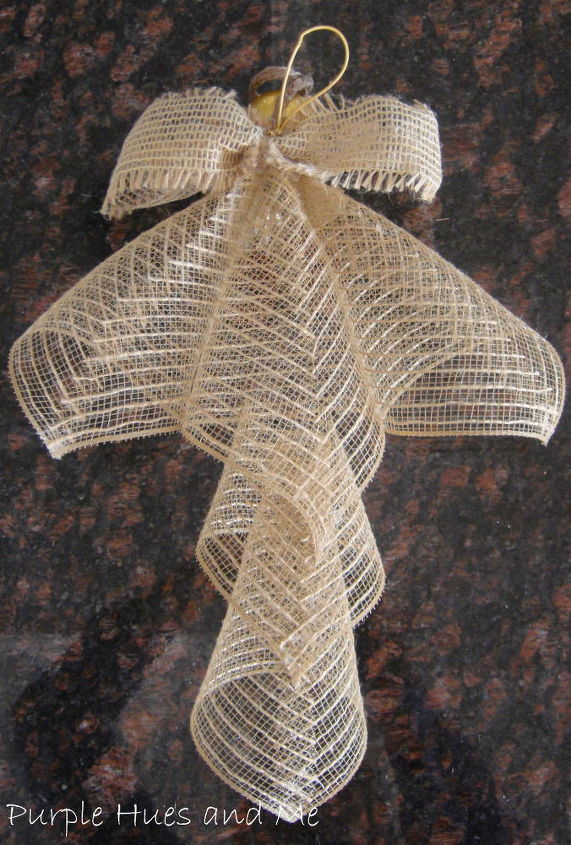 mesh ribbon angel, crafts, seasonal holiday decor, wreaths, Shape a piece of ribbon into bow and glue just below base of ball Add an elastic cord for hanging The finished mesh ribbon angel is approximately 16 inches long