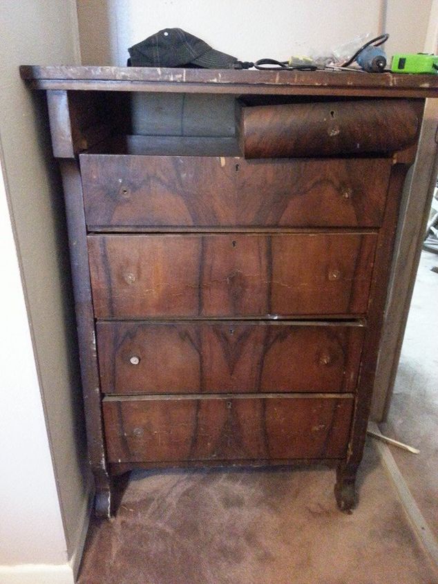 antique dresser upcycle, painted furniture, The before beautiful But missing a key drawer damaged laminate missing hardware minor wood trim and very shaky