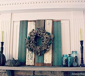 rustic fall mantel with reclaimed chippy wood and blue ball jars, fireplaces mantels, home decor, wreaths, Fall mantel featuring aburlap wreath on chippy blue and cream vintage salvaged wainscoting pumpkins and vintage blue Ball jars