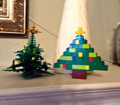 my family forest christmas mantle, christmas decorations, seasonal holiday decor, Noah s Lego trees