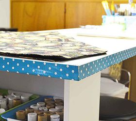 arts crafts workroom, craft rooms, To finish the table edges I wrapped them in polka dot Duck Tape