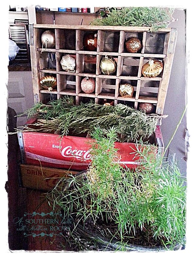 christmas decor, christmas decorations, seasonal holiday decor, coke crates with ornaments